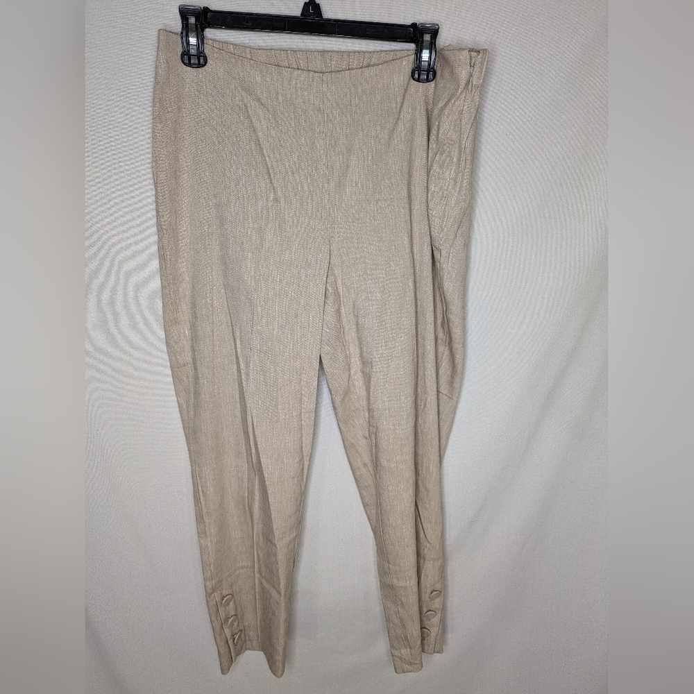 J Jill Beige Linen Stretch Cropped Button Hem Ankle Pants Size Medium Petite